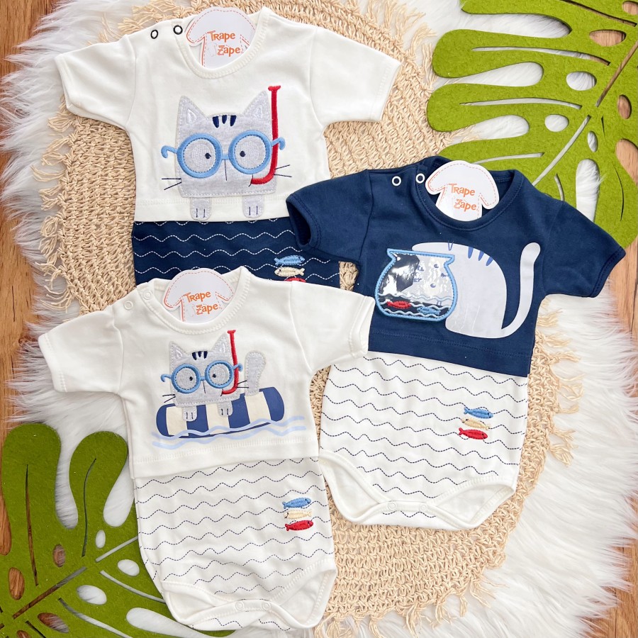 Kit 3 Peças - Bodys Manga Curta Gatinho com Peixinhos - Off White e Marinho